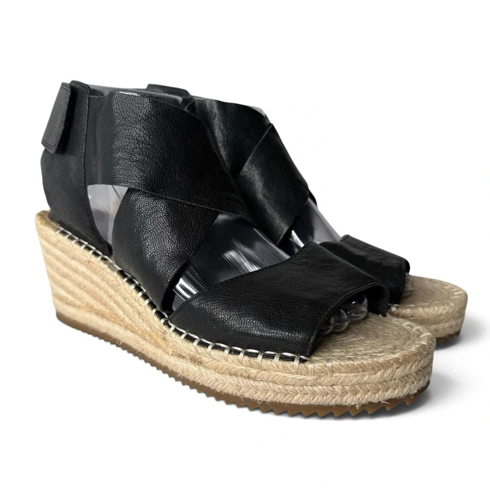 New Eileen Fisher 9.5 Willow Platform Wedge Espadrille Sandals Tumbled Leather